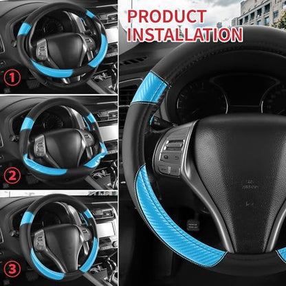 Non-Slip Car Nappa Leather Steering Wheel Cover,Universal Car Accessories Women Men Fit 14" 1/2-15" Suvs/Vans/Sedans/Cars/Trucks,Light Blue - color: Black Light Blue
