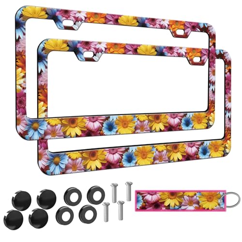 2pcs Watercolor Daisy Floral License Plate Frame for Women,Pink Yellow Blue Daisy car Decorative tag Frames,Colorful Flower License Plate Cover Holder for Vehicle with car Keychain tag - color: for Colorful Daisy Floral, size: 2pcs