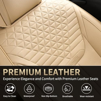 Car Seat Covers for Full Set, Universal Seat Cushion 5 Seats, Car Seat Protector Waterproof, Premium Leather Automotive Seat Covers for Most Cars, Sedans, SUVs, and Trucks-Beige