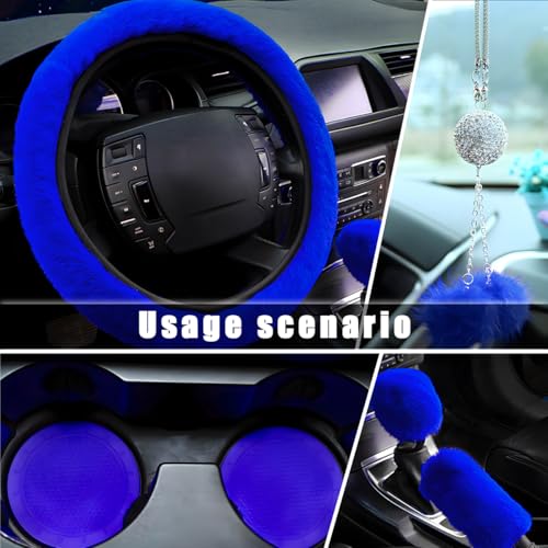 6 PCS Fluffy Steering Wheel Covers Set, 15 Inch Soft Steering Wheel Cover, Handbrake Cover & Gear Shift Cover & Cup Holder Coaster & Car Mirror Accessory, Car Accessories (Royal Blue) - color: Royal Blue