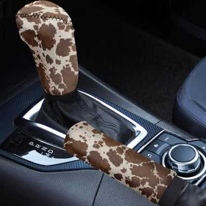 Brown Cow Print Car Gear Shift Knob Cover Set of 2, Non-Slip Handbrake Cover and Elastic Gear Shift Knob Cover Protector for Car SUV Protector - color: Brown Cow Print