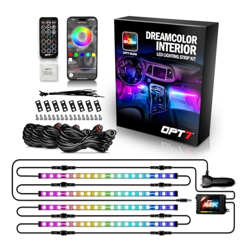 OPT7 Aura DreamColor RGB-IC LED Car Interior Light Strips, 4PC Neon Ambient Lighting Kit with APP & Remote, 12V Music Color Chasing Lights for SUV Truck Van, Under Dash Decor - size: 4 PCS Single Row