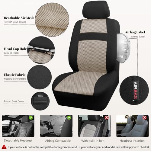 CAR PASS Car Seat Covers Front Seats Only, 3D Air Mesh Car Seat Cover with 5mm Composite Sponge Inside,Airbag Compatible Universal Fit SUV,Vans,sedans, Trucks, Automotive Interior Covers(Black Beige) - color: Black and Beige, size: Two Front