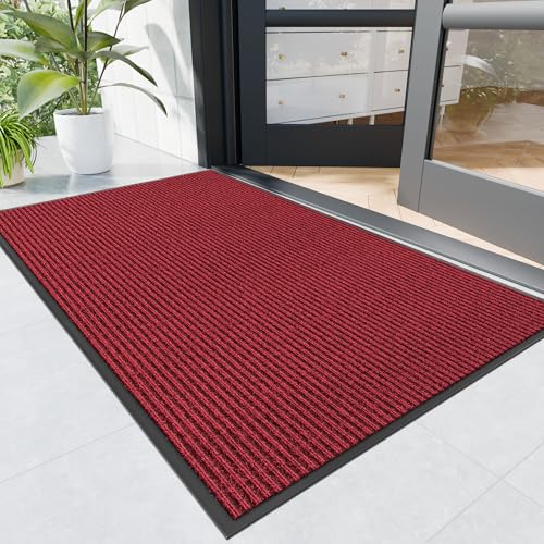 Front Door Mat, 4' x 2' Heavy Duty Indoor Outdoor Door Mat Entrance, Commercial Welcome Mats, Stain and Fade Resistant, Durable Rubber Backing, Low Profile Entry Mat for Patio, Red Stripe - color: Red-stripe, size: 2' x 4' (Rectangular)