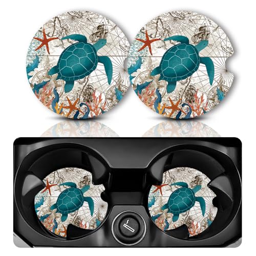 Yonlevres Car Coasters for Cup Holders，2.75" Universal Size Anti Slip Rubber Mat with A Finger Notch, 2 Pack Cup Holder Coasters for Car Interior Accessories for Women Men Sea Turtle - color: Sea Turtle