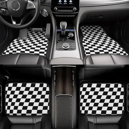 Generic Car Foot Mat Black and White Checkered Distortion Non-Slip Carpet Mats for Cars & Trucks,Decorative Front & Rear Vehicle Foot Rugs,4-Piece Car Floor Mat Set