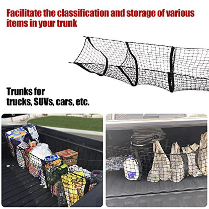 Heavy Duty Mesh Cargo Net, 3 Pocket Trunk Bed Storage Organizer Compatible for SUV, Car, Pickup Truck Bed, Etc.with 4 Metal Hooks (11.8×11.8×47.3 Inch), Black