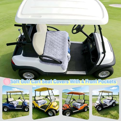 Golf Cart Seat Covers, Quilted Thickened Plush Seat Blanket with Non-Slip Backing, 4 Front Pockets, Soft & Comfortable, Fit EZGO, Yamaha, Club Car and Other 2-Seat Golf Carts, 51"x 33"
