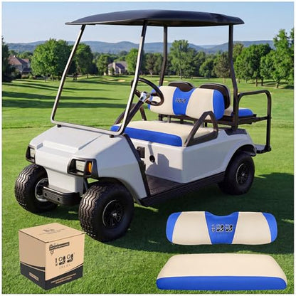 10L0L Golf Cart Seat Covers, Super Comfort Cooler Than Vinyl Seat Cover, Front and Rear Seat Cover for Yamaha EZGO Club Car, No Drilling Breathable Mesh Bench Seat Blanket, Machine Washable - color: Beige + Blue, style: Front Seat - For EZGO TXT & RXV & C