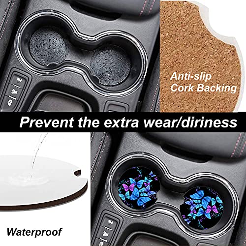 Blue Butterfly Absorbent Car Coasters,Cool Ceramic Cup Holders Coasters with a Finger Notch for Women Men 2.56"(2 Pieces)