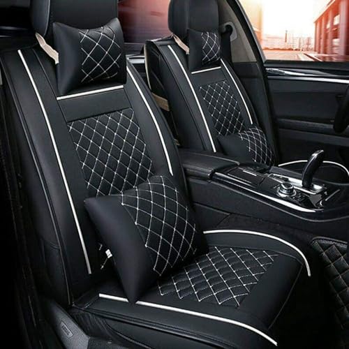 Universal PU Leather Car Seat Cover Full Set 5-Seat Front&Rear Cushions Full Seat with Pillows Fit for SUV Truck Van Year Round Use (Black/White Line) - color: Black/White Line