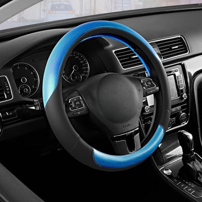 Road Comforts Steering Wheel Cover – Breathable Leather Steering Wheel Cover, Anti-Slip Grip, Universal Fit 14.5” to 15”, Heat & Cold Resistant for Cars, SUVs, and Trucks – Black & Metallic Blue - color: Black&Metallic Blue