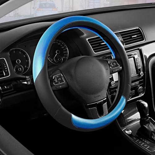 Road Comforts Steering Wheel Cover – Breathable Leather Steering Wheel Cover, Anti-Slip Grip, Universal Fit 14.5” to 15”, Heat & Cold Resistant for Cars, SUVs, and Trucks – Black & Metallic Blue - color: Black&Metallic Blue