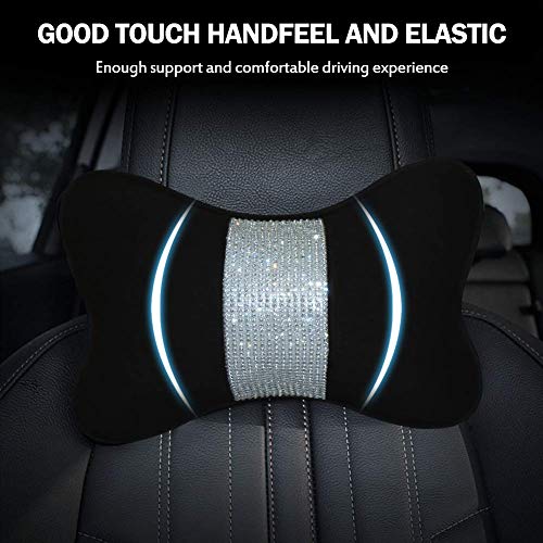 2 - Pack Bling Car Seat Neck Rest Pillow Soft Plush Crystal Headrest Head Support Cushion Car Decor Accessories for Women,Universal Fit for Car Seat Headrest, Black