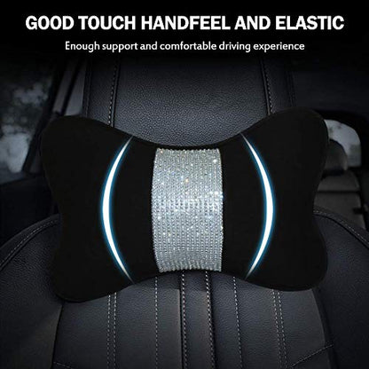 2 - Pack Bling Car Seat Neck Rest Pillow Soft Plush Crystal Headrest Head Support Cushion Car Decor Accessories for Women,Universal Fit for Car Seat Headrest, Black