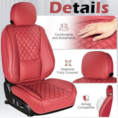 Car Seat Covers Full Set, Red Faux Leather Seat Protectors, Breathable with Lumbar Support, Wear-Resistant Universal Fit for Most Cars Trucks SUV