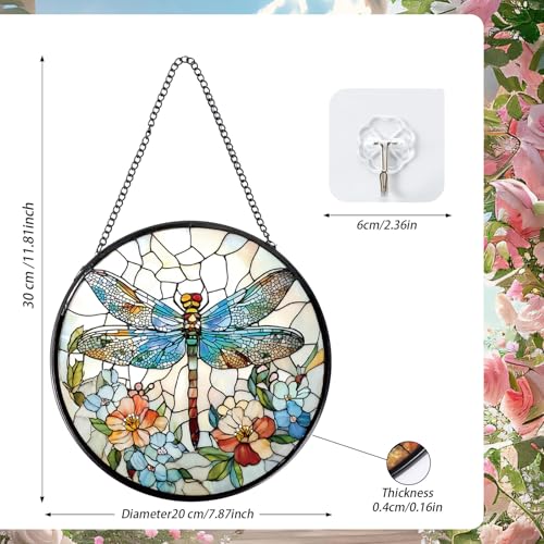 Rngmsi Dragonfly and Flower Stained Glass Window Hanging Gifts, 7.8″ Sun Catchers for Indoor Window Decor, Decorative Sun Catchers Home Wall Art Gift for Thanksgiving Christmas Housewarming