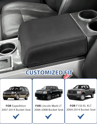 Center Console Cover for Ford F150 XL XLT 2004-2014, Expedition 2007-2014, Lincoln Mark LT 2006-2008, PU Leather Armrest Lid Protector, Anti-Scratch, Black (Fits Bucket Seat Console Only) - size: Bucket Seat, 04-14 F150 XL XLT, black stitch