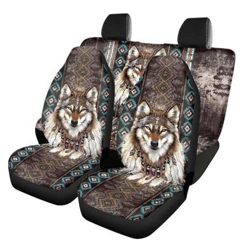 FUSURIRE Aztec Wolf Print Auto Seat Covers Full Set Car Seat Cover for Women Men, Soft Bucket Seats Protector Universal Fit Car Accessories for SUV Sedan Vans - color: Aztec Wolf Print