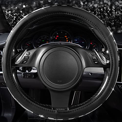 CAR PASS Bling Cow Print Diamond Steering Wheel Cover, with Sparkly Crystal Glitter Rhinestones Black Leather Car Wheel Protect for Women Girl Fit Suvs,Vans,Sedans,Cars,Trucks, 14" 1/2-15" Cow Design - color: Cow Diamond