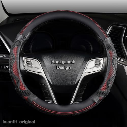 Iwantit® Steering Wheel Cover with 3D Honeycomb Anti-Slip Design and Breathable Fabrics, Universal 14.5-15 Inch (Red/Black) - color: 003-Red/Black