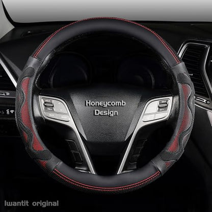 Iwantit® Steering Wheel Cover with 3D Honeycomb Anti-Slip Design and Breathable Fabrics, Universal 14.5-15 Inch (Red/Black) - color: 003-Red/Black