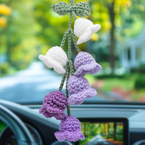 Car Mirror Hanging Accessories - Handmade Knitted Lily Flower Pendant, Cute Crochet Hanging Decor for Rearview Mirror, Women's Car Interior Decoration (White & Gradient Purple) - color: White & Gradient Purple-6