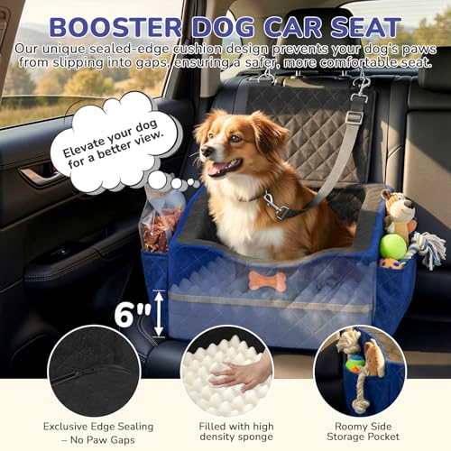 Dog Car Seat for Small Medium Dogs, 6" Elevated Dog Booster Seat with ISOFIX Safety Fixation, Washable Cover & High Density Memory Foam, Portable for Car Front/Rear/Trunk Home Outdoor Use (Navy Blue) - color: Navy Blue, size: Small