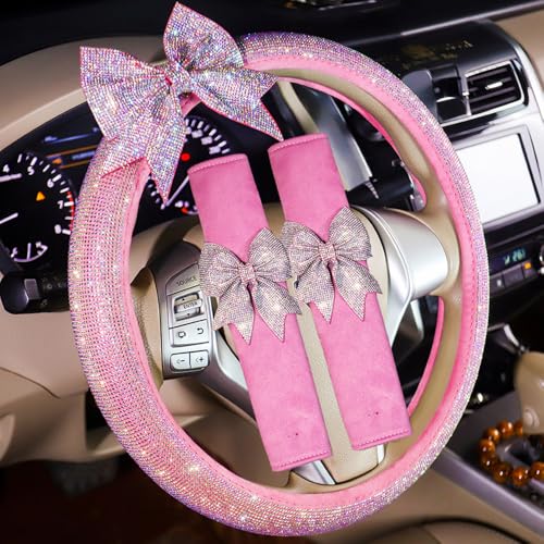 Auto Bling Interior Accessories Pink Car Steering Wheel Cover Soft Seat Belt Cover Crystal Bowknot Seatbelt Shoulder Pad Comfortable Gift for Girls Women Gift 3 Pack - color: Pink
