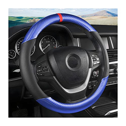 Moly Magnolia Steering Wheel Cover, Carbon Fiber Breathable Microfiber Leather with Non-Slip Lining, Cool in Summer Warm in Winter for Men Women, Universal 15 Inch for Most Cars (Carbon Fiber Blue) - color: Carbon Fiber Blue