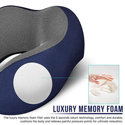 MLVOC Neck Pillow for Traveling, Upgraded 100% Pure Memory Foam Travel Neck Pillow for Airplane Flight Sleep, Breathable & Machine Washable Cover, Travel Kit with 3D Eye Mask, Earplugs & Bag, Blue - color: Blue
