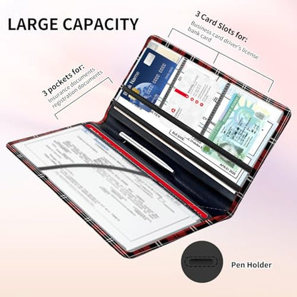 Premium Car Registration and Insurance Card Holder, Cute PU Leather Car Document Holder, Vehicle Glove Box Car Organizer with Magnetic Closure for Driver License, Cards Red Plaid - color: Red Plaid
