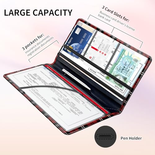Premium Car Registration and Insurance Card Holder, Cute PU Leather Car Document Holder, Vehicle Glove Box Car Organizer with Magnetic Closure for Driver License, Cards Red Plaid - color: Red Plaid