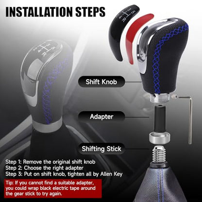 Universal 5/6 Speed Leather Car Racing Gear Shift Shifter knob,Artificial Leather and ABS Black Stitching Shift Knob with 4 Adapters,Replaceable 3 Gear Position Pastors(Black+Blue Line) - color: 5/6 Speed Leather(Black+Blue Line)