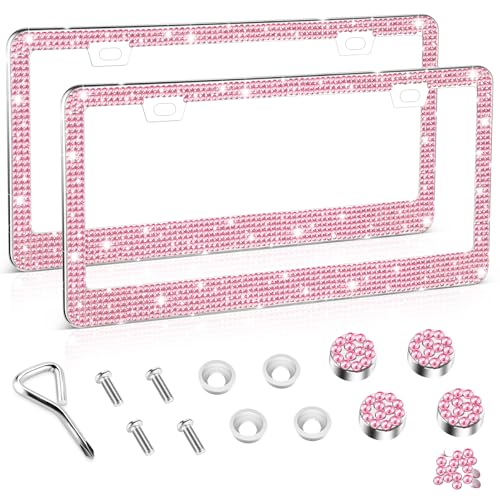 Amiss Bling License Plate Frame for Women, 2Pack Rhinestone Handcrafted Crystal Premium Stainless Steel, Stainless Steel Car Accessories with Diamond Sparkle Glitter Caps (Pink) - color: Pink, size: 2pc
