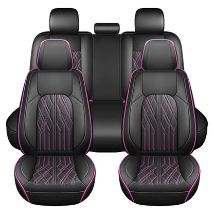 Huidasource Automotive Seat Covers, Leather Seat Cover Universal Fit for Most Cars Sedans SUVs Trucks, Airbag Compatible, Cup Holder Access, Easy Install, Wipes Clean, Wear-Resistant, Black&Purple - color: A-Black&Purple, size: 5pcs Full Set