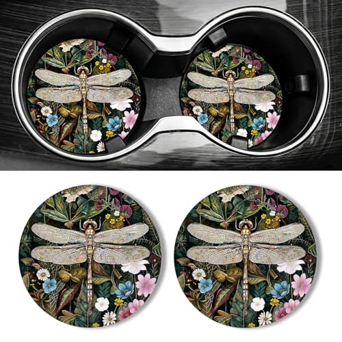 WOCOCN Car Coasters for Cup Holders - 2 Pack 2.75" Universal Rubber Car Cup Coaster, Non-Slip Waterproof Car Interior Accessories, Cute Car Decor Gifts for Women and Men (Dragonfly) - color: Dragonfly