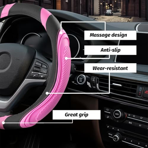 15 Inch Car Leather Steering Wheel Cover, Automotive Accessories Elastic Breathable Anti-Slip Soft Wheel Protector Fits Men and Women, Suitable for SUVs, Trucks, Vehicles and RVs (Pink) - color: Pink