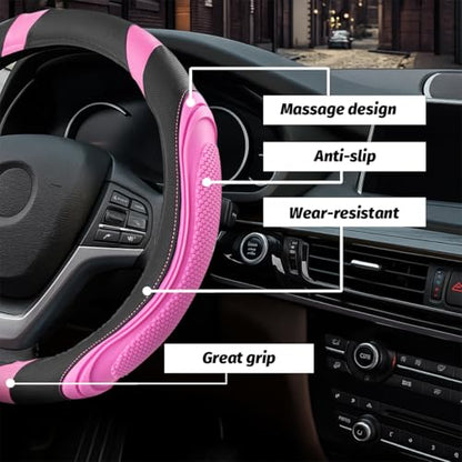15 Inch Car Leather Steering Wheel Cover, Automotive Accessories Elastic Breathable Anti-Slip Soft Wheel Protector Fits Men and Women, Suitable for SUVs, Trucks, Vehicles and RVs (Pink) - color: Pink