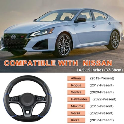 GIANT PANDA D Shape Steering Wheel Cover for Nissan Rogue Kicks - Auto Car Steering Wheel Cover Customized for Nissan Altima Sentra(Black+Blue Line-D-Shaped) - color: Black+Blue Line