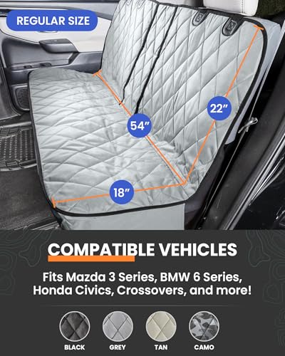 4Knines Dog Seat Cover for Back Seat, Heavy Duty Waterproof Rear Seat Protector for Small Trucks, SUVs, Cars - Fits 60/40 Split Bench with Middle Seat Belt, Non-Slip Dog Backseat Cover (Regular, Grey)