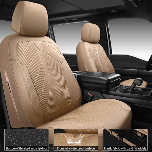 CAR PASS Waterproof Car seat Covers Full Sets Neoprene Wetsuit, All-Weather Non-Slip Durable, Universal Fit for SUV Sedans Trucks Vans Automotive, Armrest Airbag Compatible, 3D Emboss All Beige - color: ALL Beige, size: Full Set