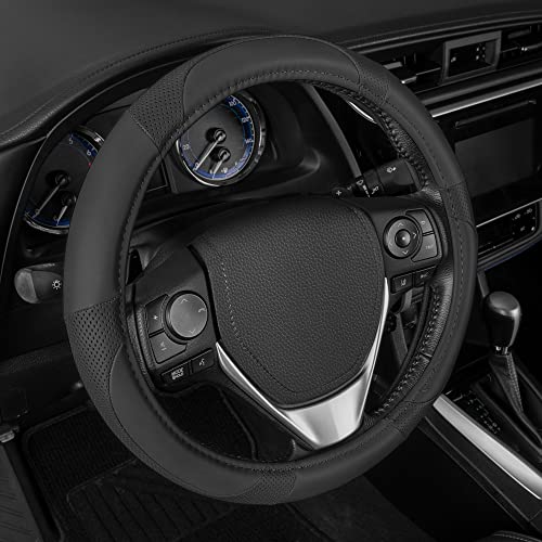 Motor Trend Perforated Microfiber Leather Steering Wheel Cover for Cars Trucks SUVs Vans, Sporty Racing Improved Grip Anti-Fatigue Ergonomic Design, Airbag Compatible - Fits Standard 15" Inch - Black - color: All Black Microfiber Leather, size: Fits 14.5