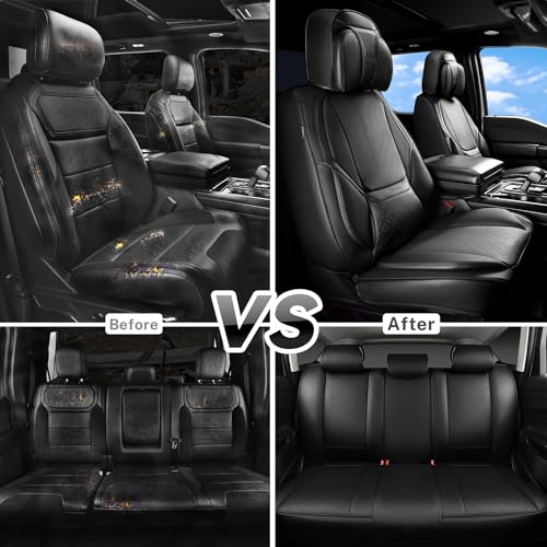 CAR PASS Nappa Leather Car Seat Covers 5 Seat, Luxury Lumbar Support, Waterproof Breathable Durable All Coverage Leatherette Seat Covers for SUVs,Pickups,Trucks,Vehicles (Full Set Solid Black) - color: Black
