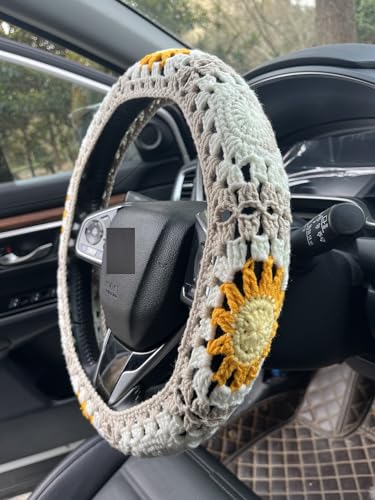 Handmade Crochet Sun Moon Car Steering Wheel Covers Universal 14-15 inch,Cute Steering Wheel Cover,Car Accessories (Steering Wheel Cover) - color: Steering Wheel Cover