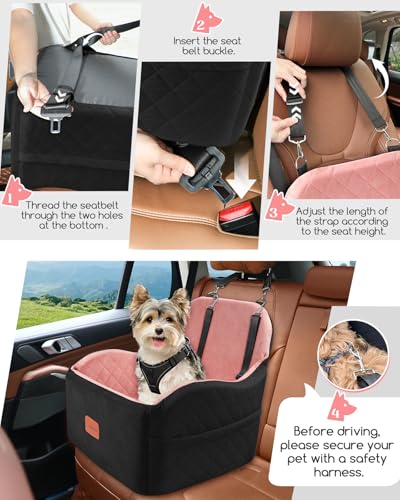 Lealchum Dog Booster Car Seat for Small/Medium Dogs,Puppy Portable Car Bed with Elevated Cushion,Fully Detachable and Washable,2 Storage Pockets,Easy to Install (Black/Pink, Medium) - color: Black/Pink