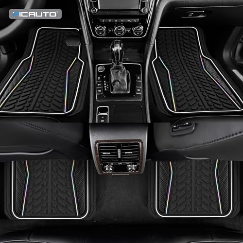 PIC AUTO Car Floor Mats, Black Aluminum-Molded with Full-Circle Iridescent Inlay Strip Car Mats, Universal-Fit Rubber Mats for Cars, Trucks & SUVs, All-Weather, Non-Slip, Easy-to-Clean Interior Mats - color: Black