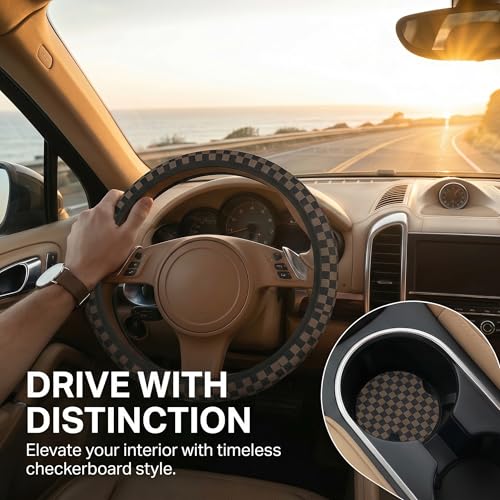 Checkered Black Brown Steering Wheel Cover Black Brown Checkered Steering Wheel Cover Anti-Slip Breathable Universal for 15 Inch Car with 2 Pieces Car Coasters Suitable - color: 1-Checkered Brown