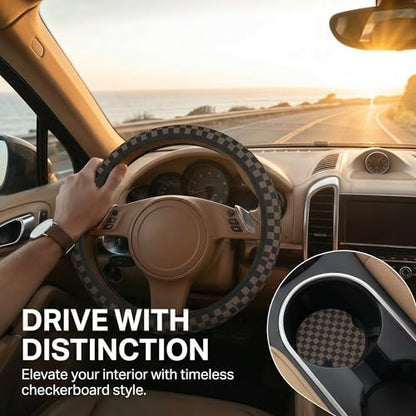 Checkered Black Brown Steering Wheel Cover Black Brown Checkered Steering Wheel Cover Anti-Slip Breathable Universal for 15 Inch Car with 2 Pieces Car Coasters Suitable - color: 1-Checkered Brown