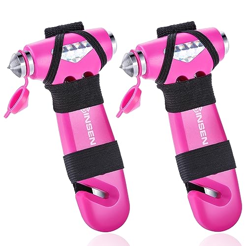 SINSEN Car Safety Hammer, Automotive Window Breaker and Seatbelt Cutter for Women, Roadside Emergency Kit, 3 in 1 Escape Tools, Road Trip Essential and Must Haves (2, Pink) - color: Pink, size: 2